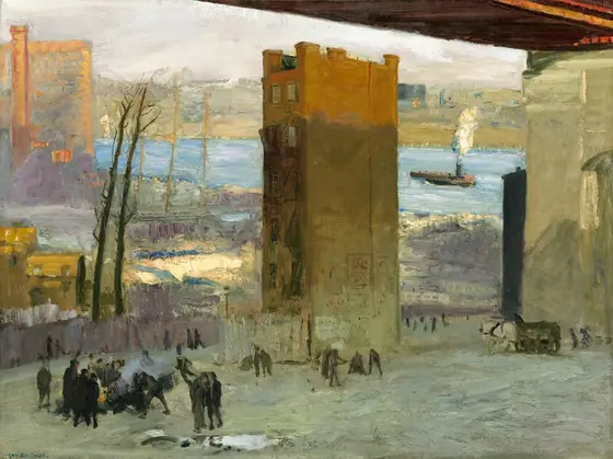 A six-story, narrow building stands alone in an otherwise unoccupied lot under the deck of a high bridge, with a river and cityscape in the background in this horizontal painting.