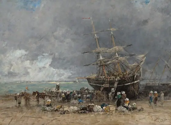 A two-masted ship with sails furled has been pulled onto a beach as dozens of people bustle on and around it in this horizontal landscape painting. The scene is loosely painted and many details are indistinct throughout.