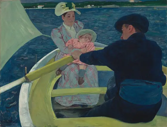 We look slightly down into a lime-green and white rowboat carrying a woman holding a baby and a man in this nearly square painting. The man wears midnight-blue shoes, pants, jacket, and soft, floppy cap.