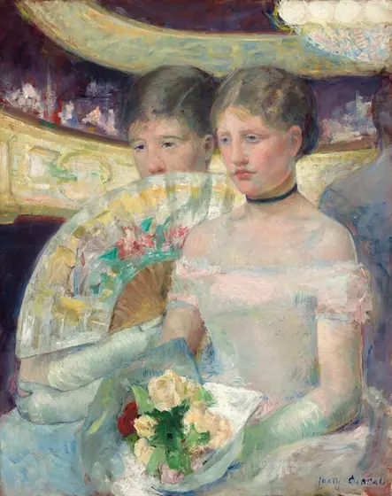 Shown from the knees up, two young women with pale, peachy skin wearing white gowns sit close together and almost fill this vertical painting. The women are angled to our left and look in that direction.