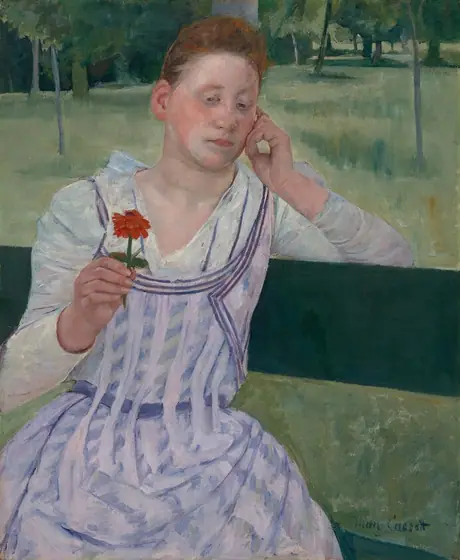 Shown from the knees up, a young woman with peachy skin and red hair sits facing us on a pine-green bench in this vertical painting.