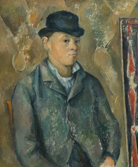 Shown from the waist up, pale-skinned young man wearing a bowler hat looks at us from the corners of his eyes in this vertical portrait painting.