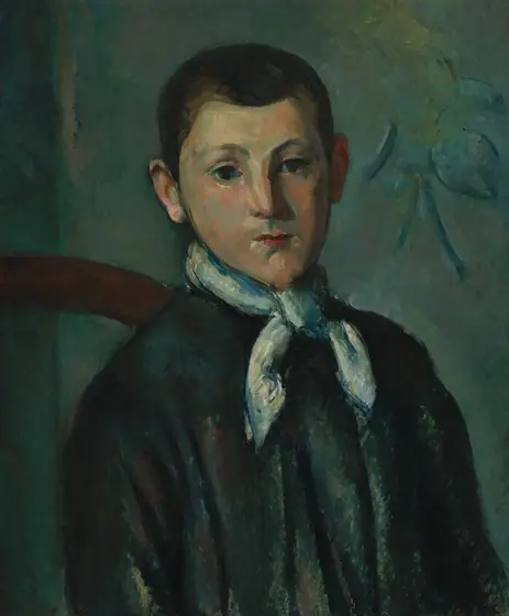 Shown from the chest up, a young boy wearing an aquamarine-blue jacket sits facing us in this vertical portrait painting. His body is slightly angled to our right and he looks just over our right shoulder. He has close-cropped, dark hair.