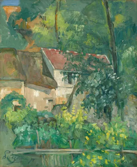 We look across a placid pond at sandstone-white buildings with brown and terracotta-red roofs nestled within a grove of green trees and plants in this vertical landscape painting.