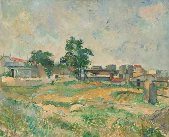 Across a grassy field, a row of buildings and two trees line the horizon, which comes about halfway up this nearly square landscape painting.