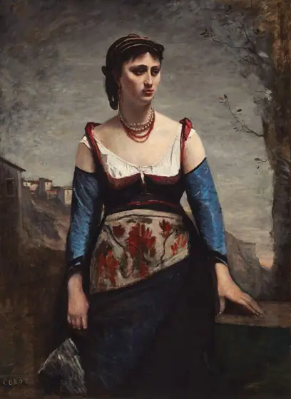 Shown from the knees up, a woman stands facing us as she turns her head to look off to our right in this vertical portrait painting. The woman has pale, peachy skin, deeply shadowed, hooded eyes, and a straight nose.