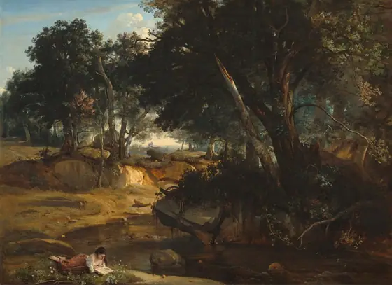 A young woman reclines and reads a book near a stream that winds through a wooded landscape in this horizontal painting. Painted with rich pine green, trees tower along the riverbanks and fill most of the painting.
