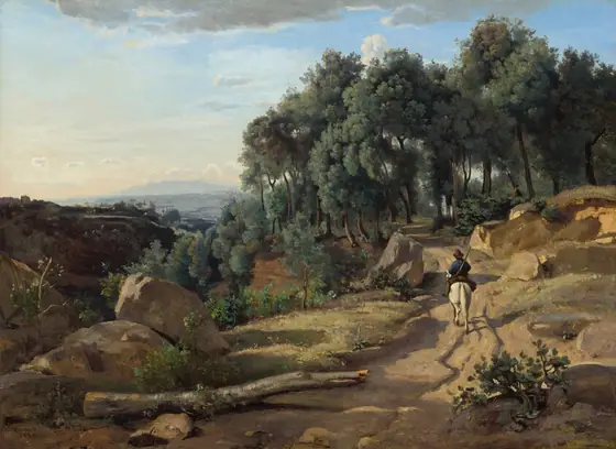 We look slightly down onto a man riding a white horse away from us on a dirt road winding through a sun-drenched, rocky landscape in this horizontal painting.