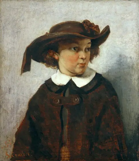 This painting depicts the upper half of a person's body. Their body is facing us, but their head is turned to the right in a three-quarters view, looking away from us.