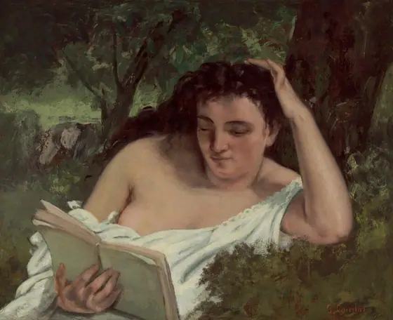 Shown from the waist up, a woman with pale, peachy skin reads a book with one elbow propped on a grassy bank in this horizontal painting.