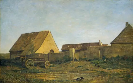 This painting depicts buildings under a clear blue sky. The horizon line is low, mostly obscured by the structures. The buildings have pointed brown roofs, and they are a pale yellow color.