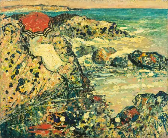 The painting depicts a rocky coastline dotted with color. The horizon is high in the scene, and a strip of pale-yellow sky is visible at the very top of the painting.