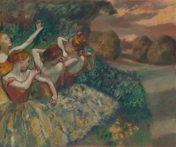 Four light-skinned ballerinas with russet-orange hair tied back in buns adjust the straps of their bodices as they gather close together, their bodies and wide, knee-length tutus taking up the left half of this horizontal painting.