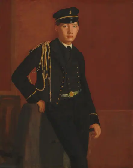 Shown from the knees up, a young man with pale, peachy skin, wearing a black uniform and cap, leans against the back of a chair in this vertical portrait painting. He looks at us with pale blue eyes under sloping brows.
