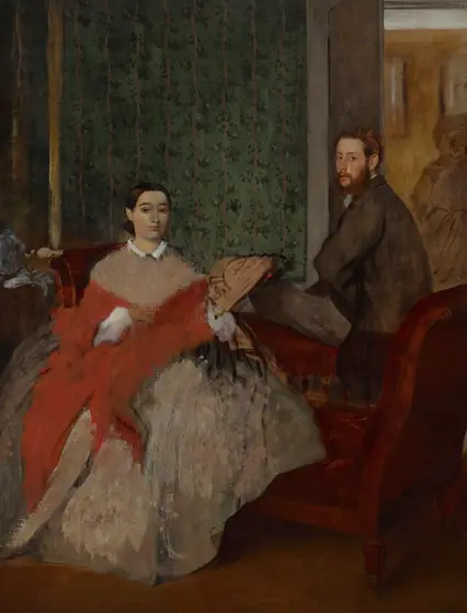 A man and woman, both with pale, peachy skin, sit on opposite sides of a burgundy-red, low-backed sofa in a room wallpapered with a striped, floral pattern in this vertical painting.