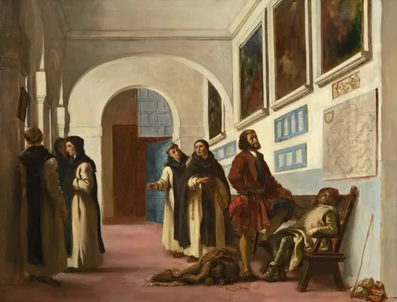 A bearded man, a young man, and five monks stand in a cream-white hall hung with a map and paintings in this horizontal painting. The people all have pale, peachy skin.
