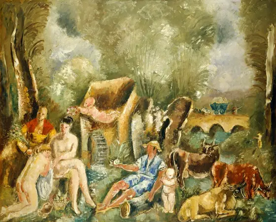 This is a painting of a pastoral scene with animals, a watermill, and a bridge. The artwork features a rural landscape with lush greenery and a serene setting.