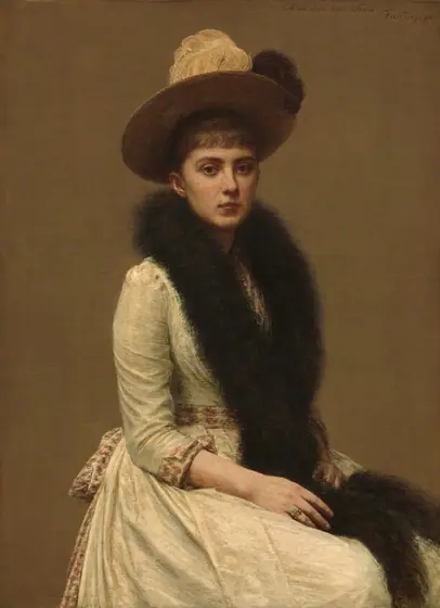 Shown from the knees up, a young pale-skinned woman sits looking at us in this vertical portrait painting. Her body is angled to our right, but she turns her face to gaze out with large brown eyes under dark brows.