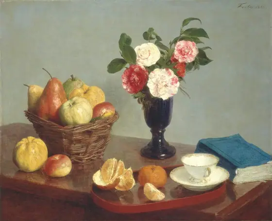 We look slightly down onto a wooden table or buffet with a basket of fruit, a vase of pink and white flowers, a book, and a small tray holding a teacup, saucer, and two oranges in this horizontal still life painting.