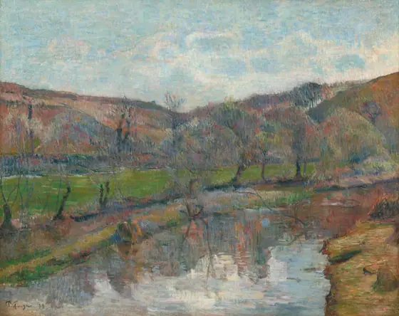 A waterway flanked by low banks curves away from us in front of a band of rolling hills in this loosely painted horizontal landscape. The water is created with wide strokes of white, ice blue, or the muted jewel tones of the hills.