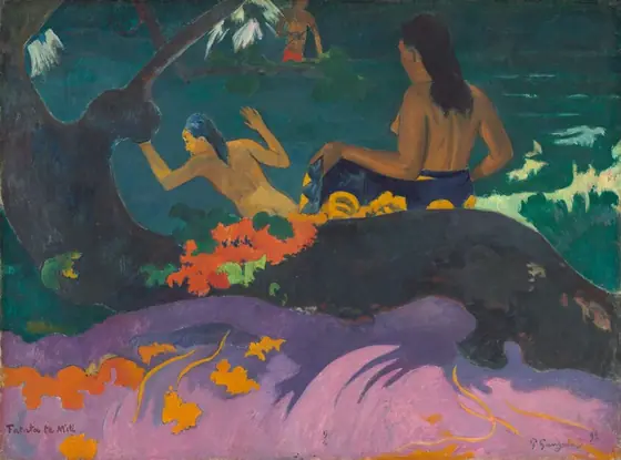 Two nude women with brown skin and long black hair stand with their backs to us at a riverbank in this stylized horizontal painting.