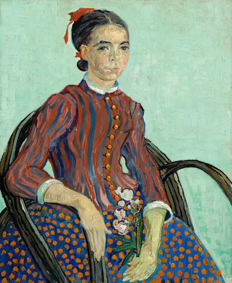 Shown from about the knees up, a young woman sits in a chair angled to our right but she turns her face to look at us in this loosely painted, vertical portrait.