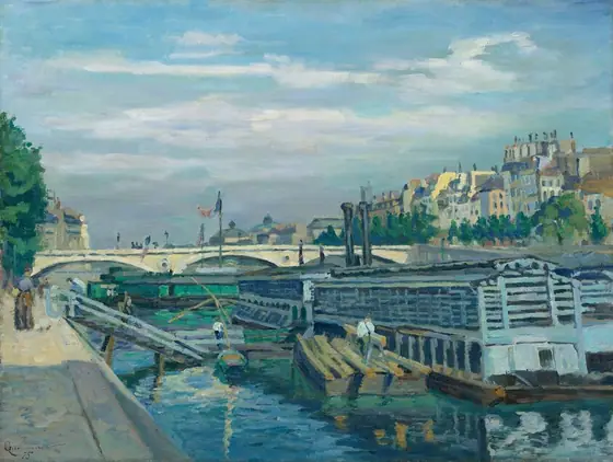 This painting shows a riverside with a cream-colored bridge cutting horizontally across the scene in front of a bustling city. The bridge is decorated with flags that have stripes of red, white, and blue.