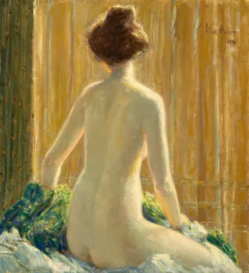 A nude, pale-skinned woman sits facing away from us on a surface with bunches of blue and green-toned fabrics in this vertical painting.