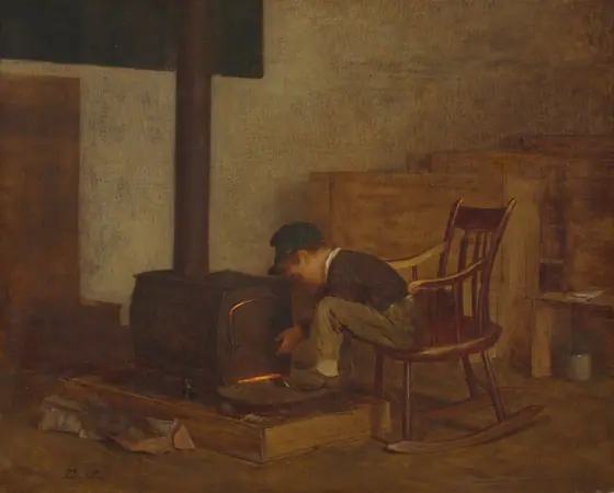 This painting shows a young boy sitting on a wooden rocking chair next to a dark metal stove. He is leaning forward with one arm extended towards the stove door, which is partially open, revealing bright orange light.