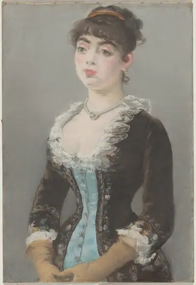 Shown from the hips up, a pale-skinned woman wearing a tightly corseted dress looks off to our left in this vertical pastel drawing. The portrait is loosely sketched with blended areas, giving it a soft look.