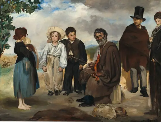 Against a hilly landscape and on a patch of dirt, five people wearing tattered clothing gather around a bearded man who holds a violin in his lap in this horizontal painting. Most of them have pale skin.