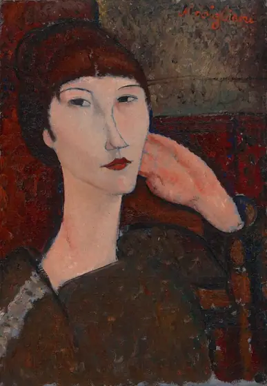 A woman with peachy skin and dark auburn hair is shown from her chest up sitting in a wooden chair in this vertical portrait painting.