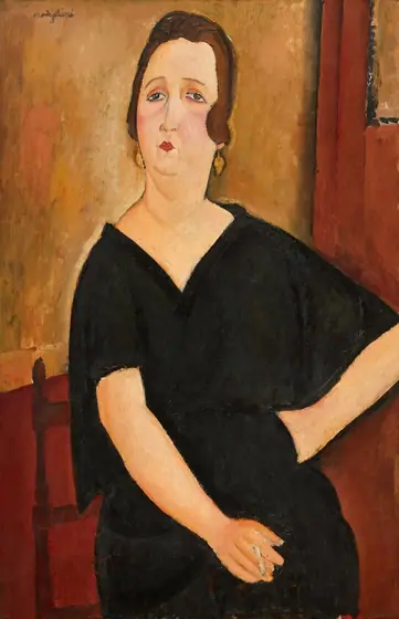 This painting shows a portrait of a woman, depicted from the thighs up. She is seated with her body and head facing forward.