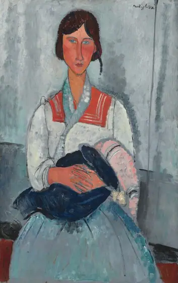 Shown from the knees up, a woman with peach-colored skin and dark hair sits facing us and holding a baby in this stylized, vertical portrait painting.