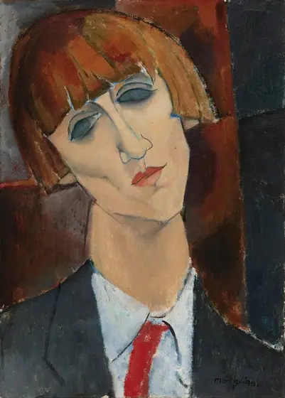This vertical portrait painting shows the head and shoulders of a person with pale peach skin and an auburn, cheek-length bob hairstyle. The person has high cheek bones, deep pink lips, and an angular, pointed chin.