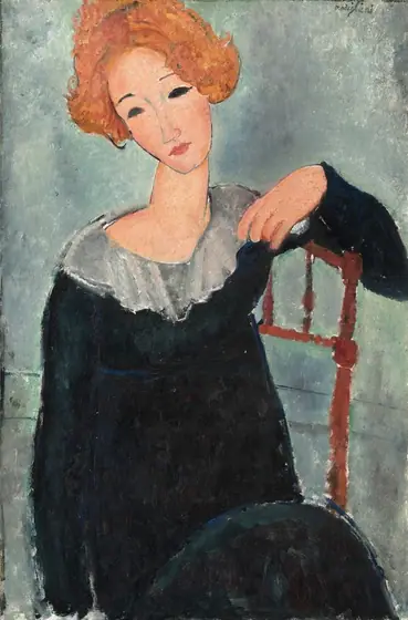 Shown from the lap up, a woman with peach-colored skin sits leaning sideways against the back of a wooden chair with her head tilted to our left on her long neck in this vertical, stylized portrait.
