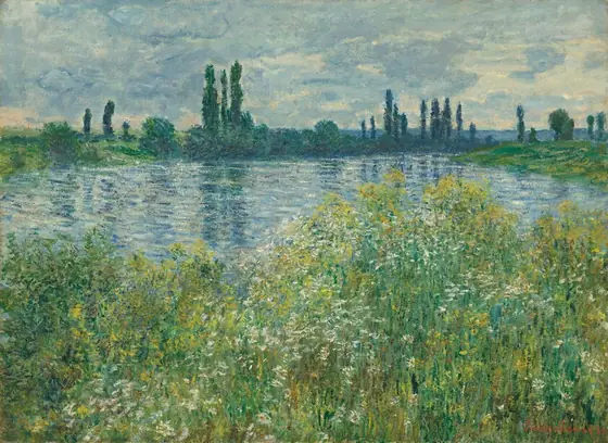 We look across a strip of tall grass and flowers at a river that winds into the distance in this loosely painted, horizontal landscape.