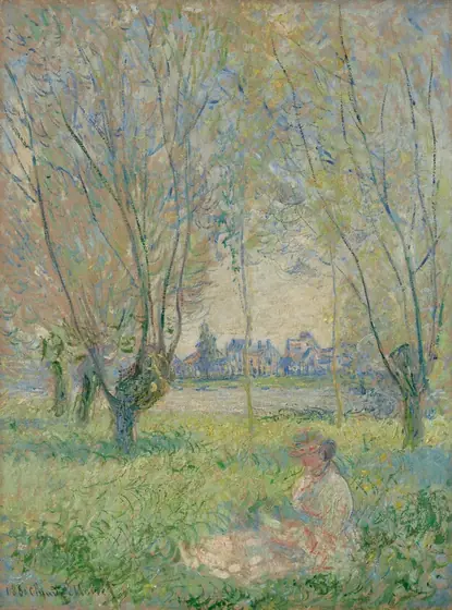 A woman sits among loosely painted, crescent-shape blades of emerald and lemon-lime green grass, under tall trees in this vertical scene. The brushstrokes are unconnected and visible, so many of the details difficult to make out.