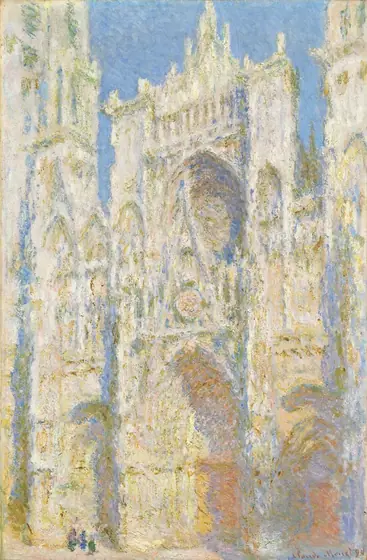 We look up at the exterior of a church that soars the height of this vertical painting.