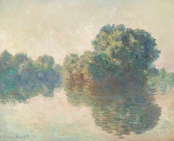 The rounded, feathery canopies of trees are mirrored in the placid surface of a river in this horizontal landscape painting. The scene is loosely painted with visible dashes and strokes. The largest tree is to our right of center.