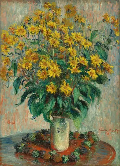 A cloud of canary-yellow flowers with pumpkin-orange centers on tall stems with emerald and pine-green leaves fills the top half of this vertical still life painting.