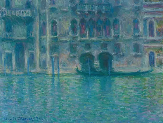 Painted almost entirely in tones of topaz, lapis, and sky blue, the façade of a building abutting a waterway fills this horizontal painting. Brushstrokes are visible throughout and they blend to make the scene appear hazy.