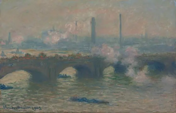We look across a river at a bridge that spans the center of this horizontal landscape, which is painted entirely with broad, visible brushstrokes in muted blue, pink, and brown.