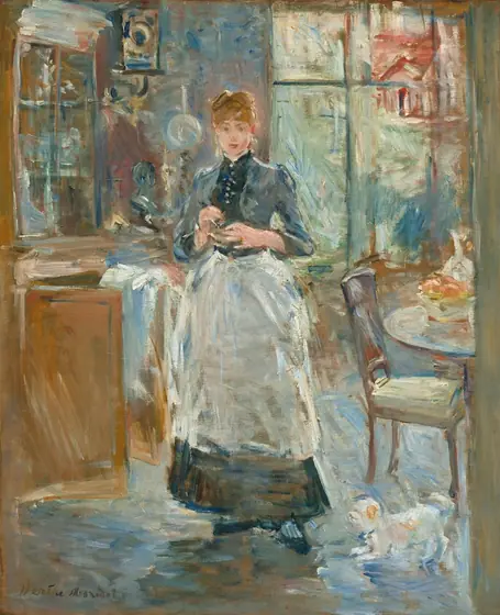 A young woman with pale, peach skin wearing a white apron over an ankle-length navy-blue dress stands in a dining room in this vertical painting. The painting is created using loose brushstrokes throughout.