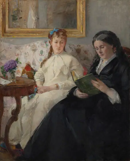 An older woman wearing a long black dress sits reading a book in front of a younger woman wearing cream white, who sits on a couch just beyond, in this vertical portrait painting.