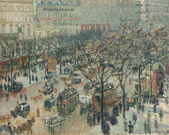 We look down onto a wide, bustling, tree-lined avenue filled with buildings, people, and horse-drawn carriages in this horizontal painting.