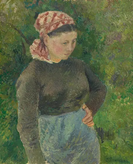 This painting features a woman standing, with her body slightly turned to the right and her head facing downward. She has light skin, pink cheeks, and dark hair partially covered by a red-and-white patterned head scarf.