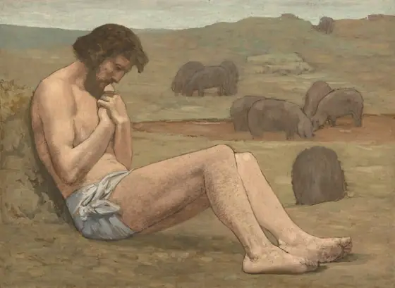 A nearly nude man with a pale, peach complexion sits on the ground facing our right in profile, leaning back on a mound with his legs extended in front of him and hands gathered at his chest under his bowed head in this wide, horizontal…