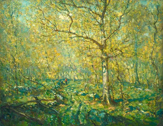 This painting depicts a sunlit forest with densely packed trees. Sunlight filters through the leaves, casting a warm glow and illuminating shades of green with hints of yellow and gold.