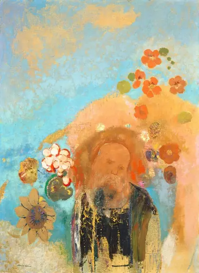 A balding man with peach-colored skin and a drooping white mustache is surrounded by flowers floating in a blue sky with apricot-colored clouds in this vertical painting. He is shown from the waist up facing us at the bottom center.